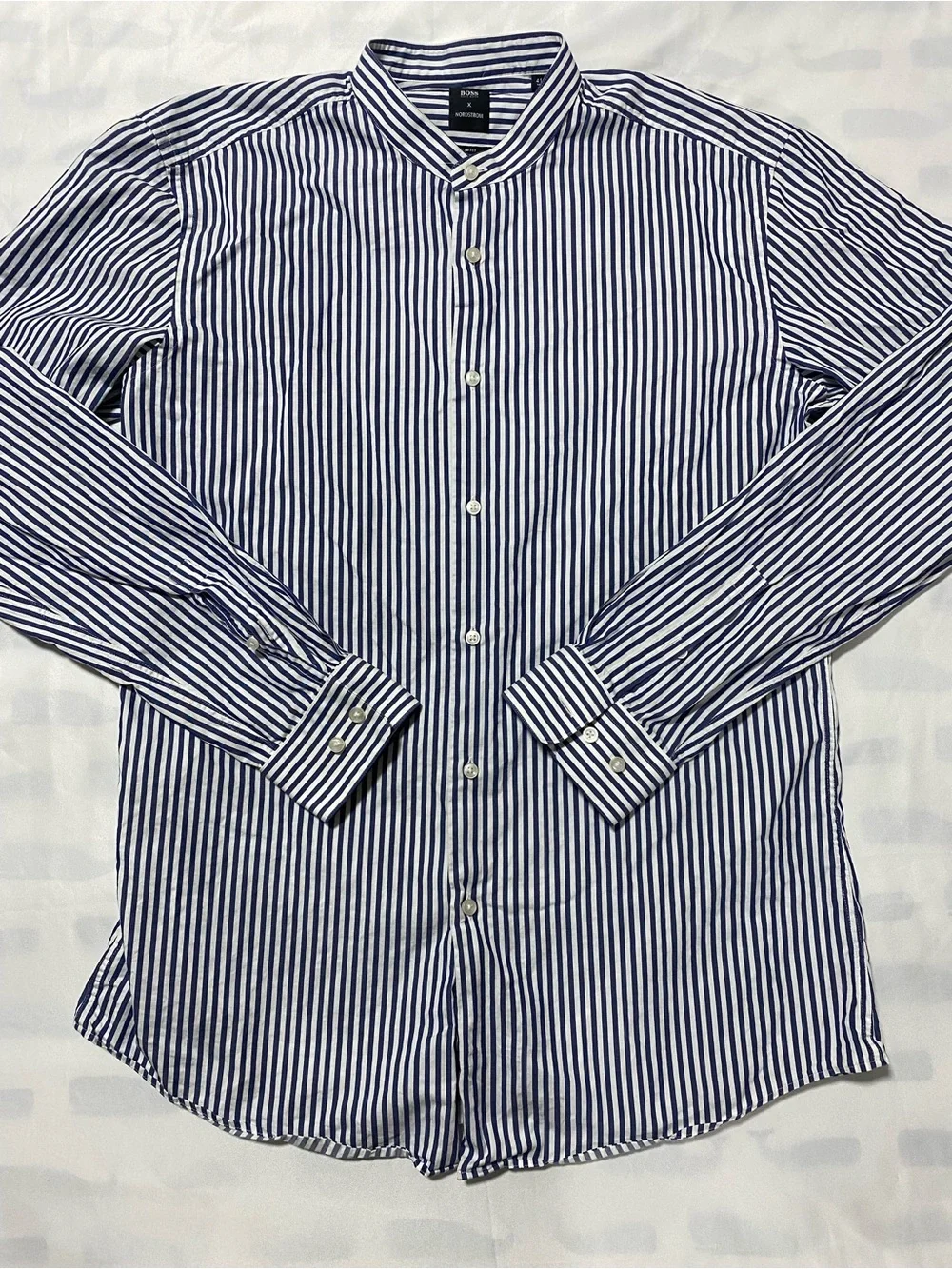 Hugo Boss Navy & White Striped Stand-Collar Dress Shirt